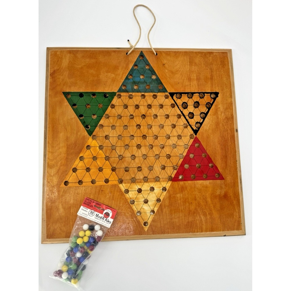 Vintage Chinese Checkers Board Wood 20" Handmade w/ Marble King Marbles Set